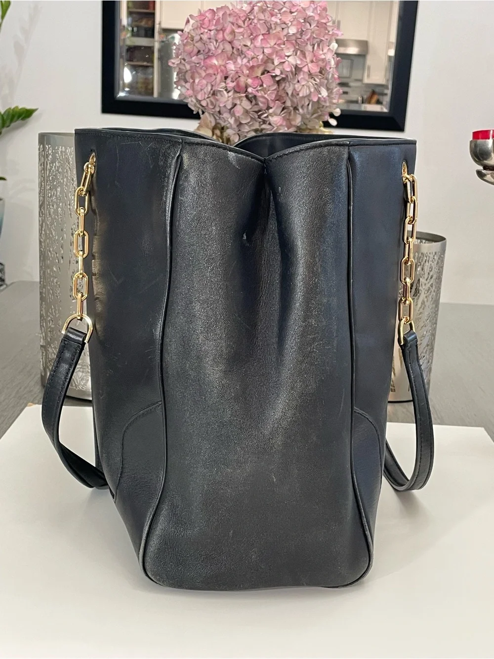 Tory Burch Black Leather Chain Tote Shoulder Bag Large Gold Logo Authentic